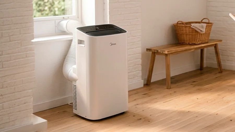 Gaine d'évacuation d'un climatiseur mobile passant par une fenêtre calfeutrée