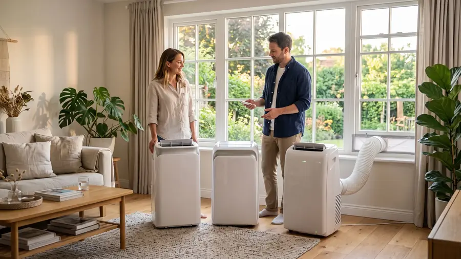 Trois climatiseurs mobiles monoblocs comparés dans un salon, gaine d'évacuation raccordée à la fenêtre